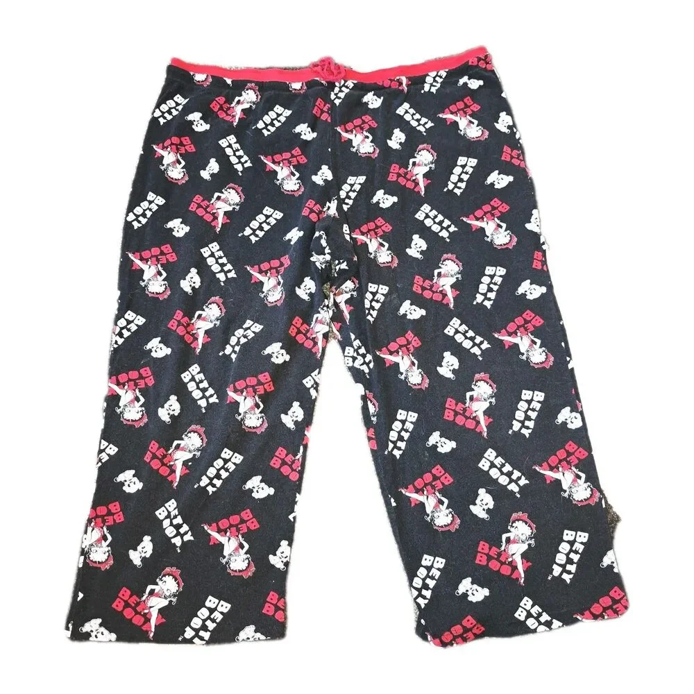 BETTY BOOP 2012 Y2K Sz 3X Black AOP Print Drawstring Crop Pajama Lounge Pants
